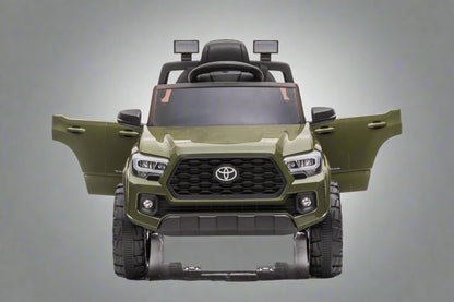 Olive green Toyota-style ride-on pickup truck for kids

Side view of remote-control kids truck with leather seat

Child’s electric ride-on truck with LED headlights

Toyota ride-on truck in olive green with suspension

Battery-powered pickup truck for toddlers