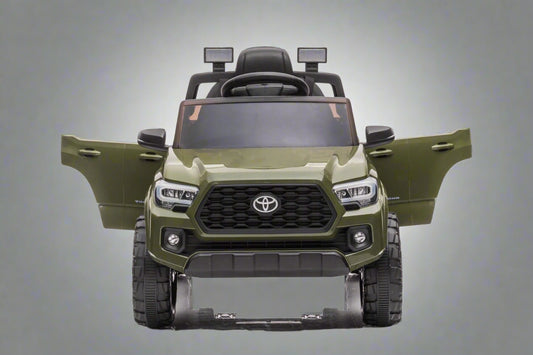 Olive green Toyota-style ride-on pickup truck for kids

Side view of remote-control kids truck with leather seat

Child’s electric ride-on truck with LED headlights

Toyota ride-on truck in olive green with suspension

Battery-powered pickup truck for toddlers