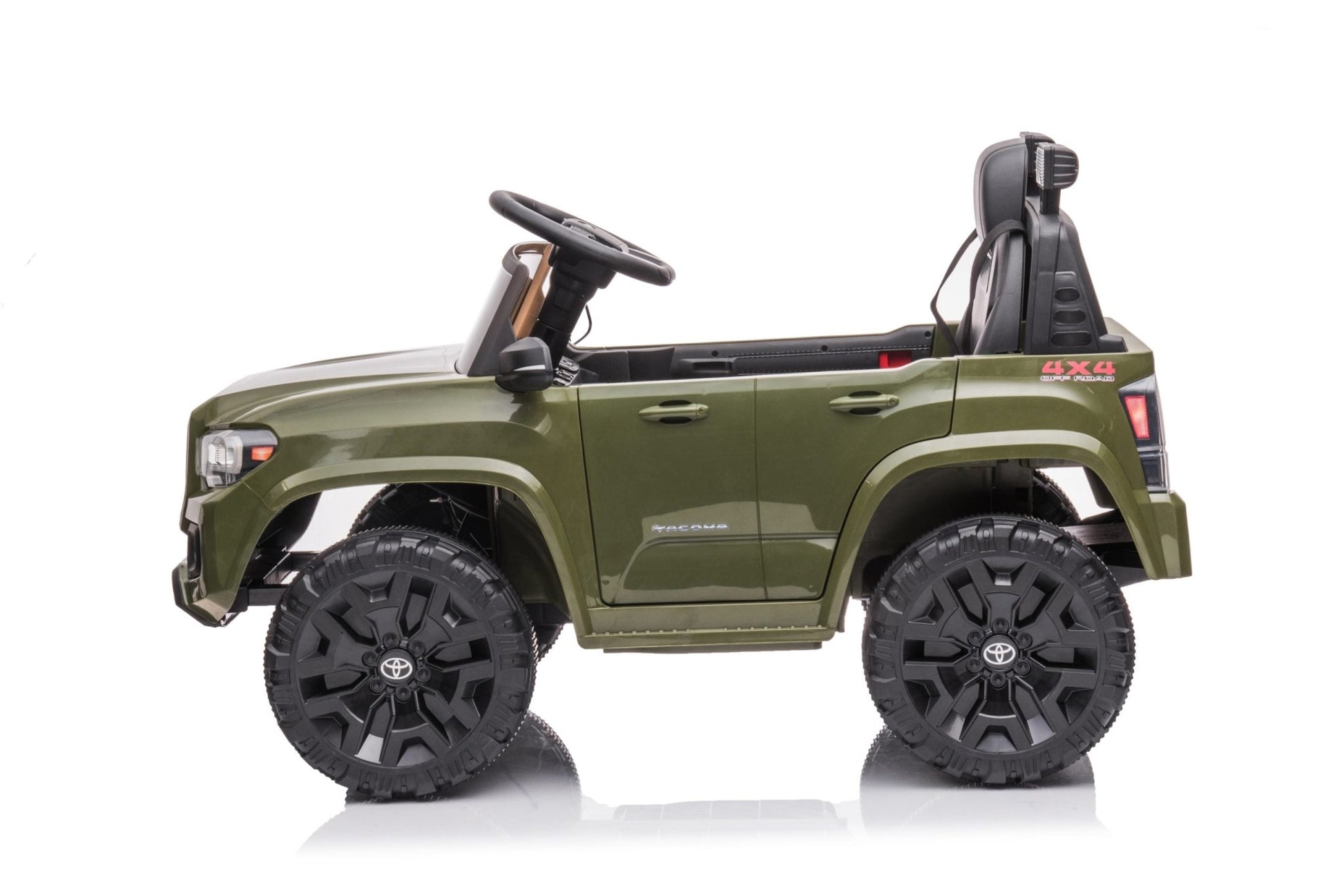 Olive green Toyota-style ride-on pickup truck for kids

Side view of remote-control kids truck with leather seat

Child’s electric ride-on truck with LED headlights

Toyota ride-on truck in olive green with suspension

Battery-powered pickup truck for toddlers