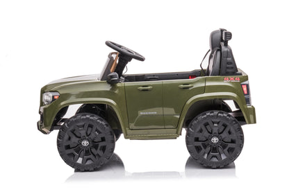 Olive green Toyota-style ride-on pickup truck for kids

Side view of remote-control kids truck with leather seat

Child’s electric ride-on truck with LED headlights

Toyota ride-on truck in olive green with suspension

Battery-powered pickup truck for toddlers