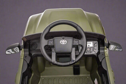 Olive green Toyota-style ride-on pickup truck for kids

Side view of remote-control kids truck with leather seat

Child’s electric ride-on truck with LED headlights

Toyota ride-on truck in olive green with suspension

Battery-powered pickup truck for toddlers