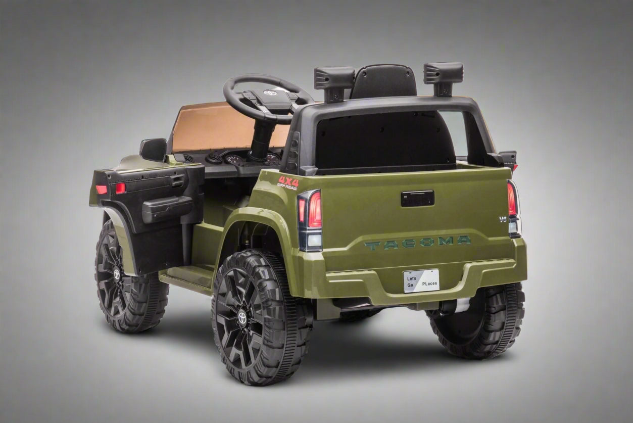Olive green Toyota-style ride-on pickup truck for kids

Side view of remote-control kids truck with leather seat

Child’s electric ride-on truck with LED headlights

Toyota ride-on truck in olive green with suspension

Battery-powered pickup truck for toddlers