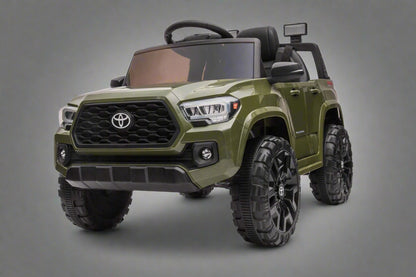 Olive green Toyota-style ride-on pickup truck for kids

Side view of remote-control kids truck with leather seat

Child’s electric ride-on truck with LED headlights

Toyota ride-on truck in olive green with suspension

Battery-powered pickup truck for toddlers