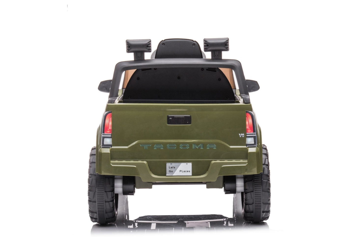 Olive green Toyota-style ride-on pickup truck for kids

Side view of remote-control kids truck with leather seat

Child’s electric ride-on truck with LED headlights

Toyota ride-on truck in olive green with suspension

Battery-powered pickup truck for toddlers