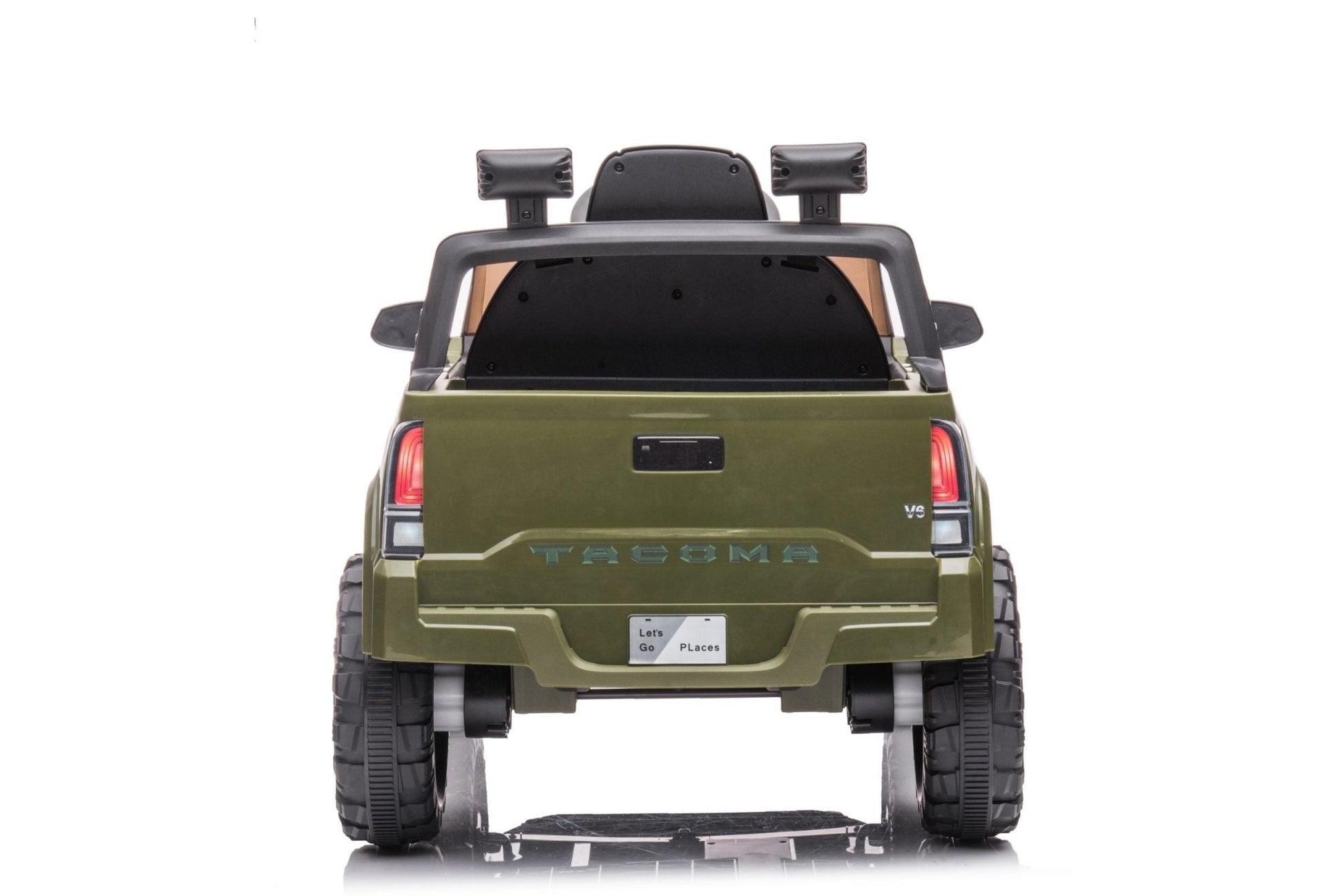 Olive green Toyota-style ride-on pickup truck for kids

Side view of remote-control kids truck with leather seat

Child’s electric ride-on truck with LED headlights

Toyota ride-on truck in olive green with suspension

Battery-powered pickup truck for toddlers