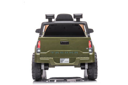 Olive green Toyota-style ride-on pickup truck for kids

Side view of remote-control kids truck with leather seat

Child’s electric ride-on truck with LED headlights

Toyota ride-on truck in olive green with suspension

Battery-powered pickup truck for toddlers