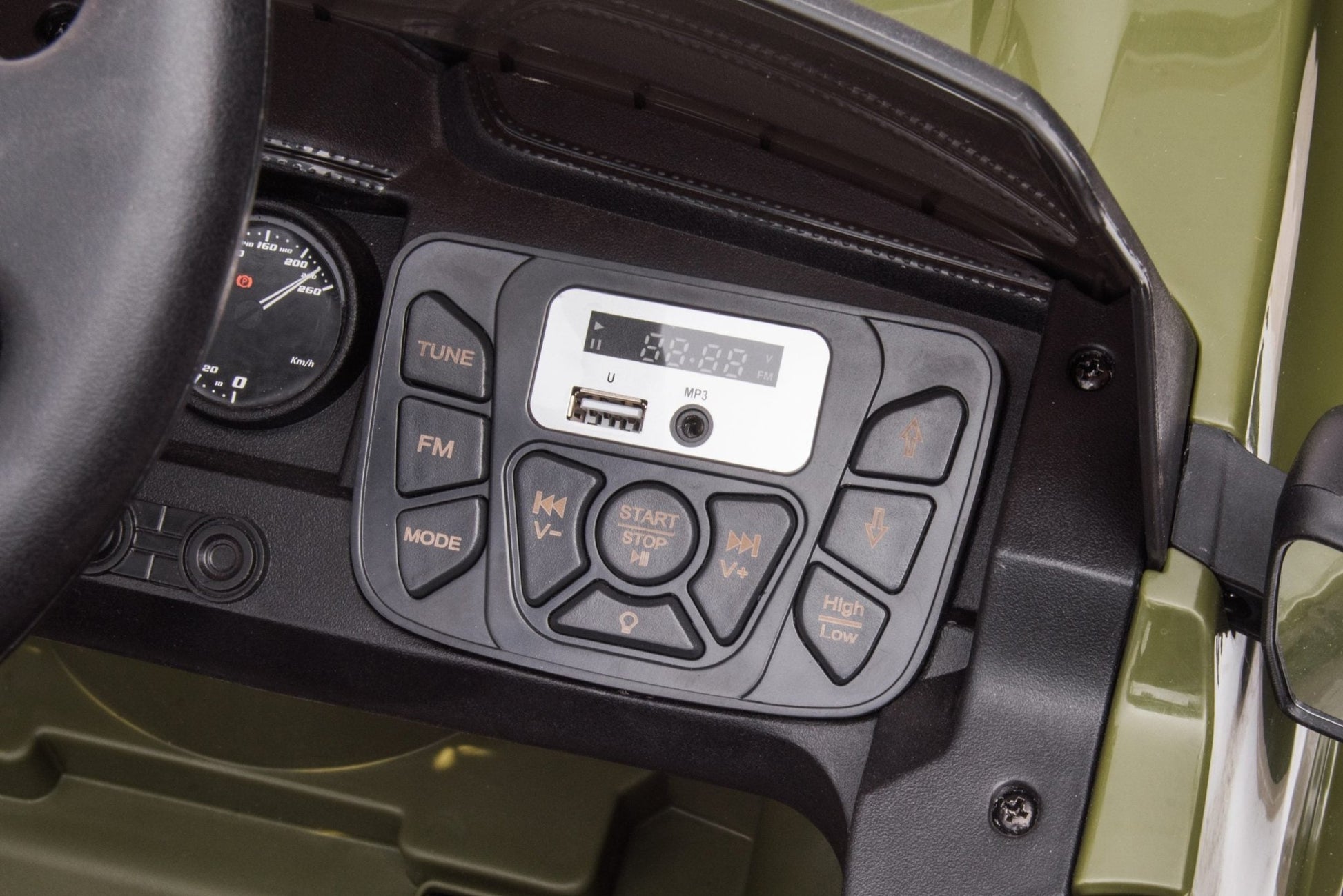 Olive green Toyota-style ride-on pickup truck for kids

Side view of remote-control kids truck with leather seat

Child’s electric ride-on truck with LED headlights

Toyota ride-on truck in olive green with suspension

Battery-powered pickup truck for toddlers