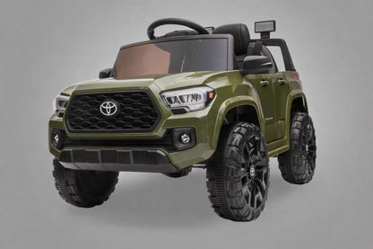 Olive green Toyota-style ride-on pickup truck for kids

Side view of remote-control kids truck with leather seat

Child’s electric ride-on truck with LED headlights

Toyota ride-on truck in olive green with suspension

Battery-powered pickup truck for toddlers