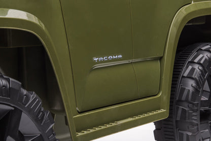 Olive green Toyota-style ride-on pickup truck for kids

Side view of remote-control kids truck with leather seat

Child’s electric ride-on truck with LED headlights

Toyota ride-on truck in olive green with suspension

Battery-powered pickup truck for toddlers