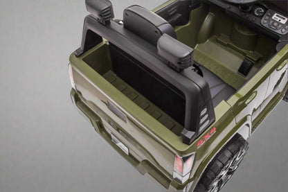 Olive green Toyota-style ride-on pickup truck for kids

Side view of remote-control kids truck with leather seat

Child’s electric ride-on truck with LED headlights

Toyota ride-on truck in olive green with suspension

Battery-powered pickup truck for toddlers