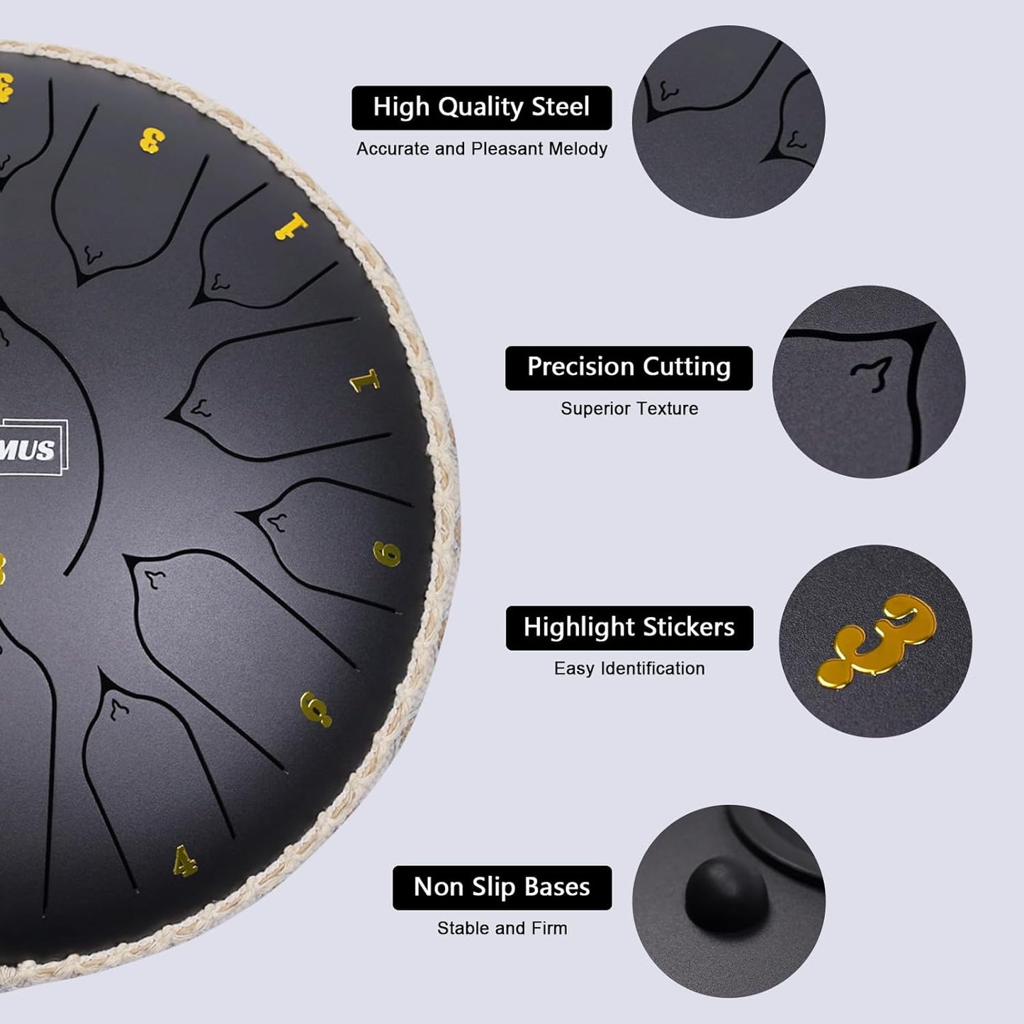 13 inch steel tongue drum with 15 notes
Complete handpan style music kit with mallets and bag
Relaxing meditation drum for yoga and sound healing
Steel tongue drum with note stickers and guide
Handcrafted alloy steel percussion drum