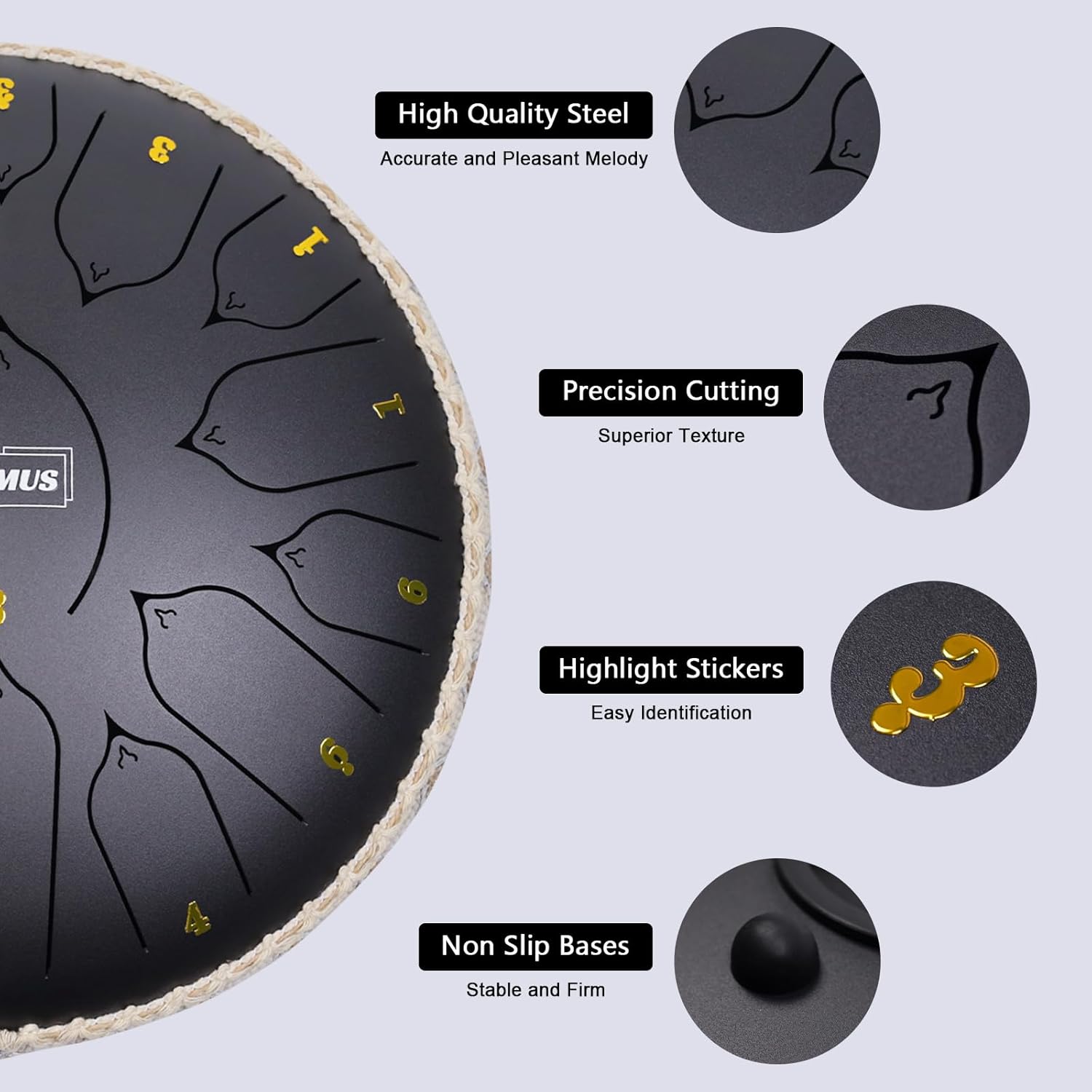 13 inch steel tongue drum with 15 notes
Complete handpan style music kit with mallets and bag
Relaxing meditation drum for yoga and sound healing
Steel tongue drum with note stickers and guide
Handcrafted alloy steel percussion drum