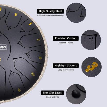 13 inch steel tongue drum with 15 notes
Complete handpan style music kit with mallets and bag
Relaxing meditation drum for yoga and sound healing
Steel tongue drum with note stickers and guide
Handcrafted alloy steel percussion drum