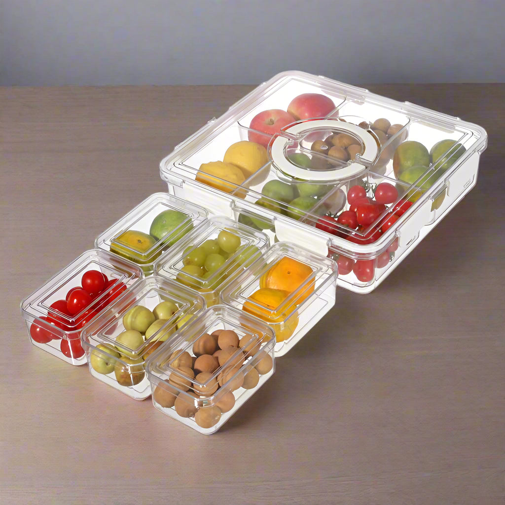 13-piece clear plastic fruit and snack organizer tray with lid and carry handle