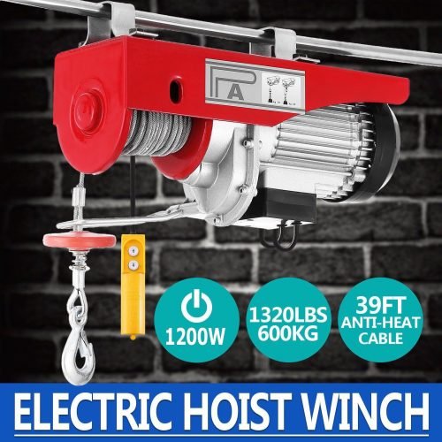 1320 lb electric overhead hoist winch in red
AC-powered hoist with safety hook and carbon steel cable
Heavy-duty electric hoist for garage or shop use
110V overhead winch with lifting hook and motor
Construction site electric lifting hoist with steel housing