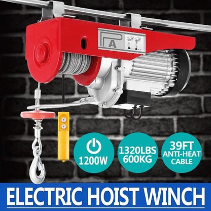 1320 lb electric overhead hoist winch in red
AC-powered hoist with safety hook and carbon steel cable
Heavy-duty electric hoist for garage or shop use
110V overhead winch with lifting hook and motor
Construction site electric lifting hoist with steel housing