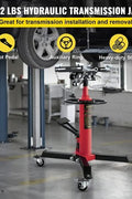 “1320 lb 2-stage telescopic hydraulic transmission jack in red”

“Heavy-duty red garage jack with swivel casters and saddle arms”

“Hydraulic lift transmission jack with adjustable tilt arms”