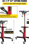 “1320 lb 2-stage telescopic hydraulic transmission jack in red”

“Heavy-duty red garage jack with swivel casters and saddle arms”

“Hydraulic lift transmission jack with adjustable tilt arms”
