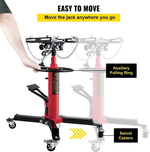 “1320 lb 2-stage telescopic hydraulic transmission jack in red”

“Heavy-duty red garage jack with swivel casters and saddle arms”

“Hydraulic lift transmission jack with adjustable tilt arms”