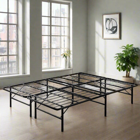 Minimalist bedroom setup with full-size bi-folding bed frame