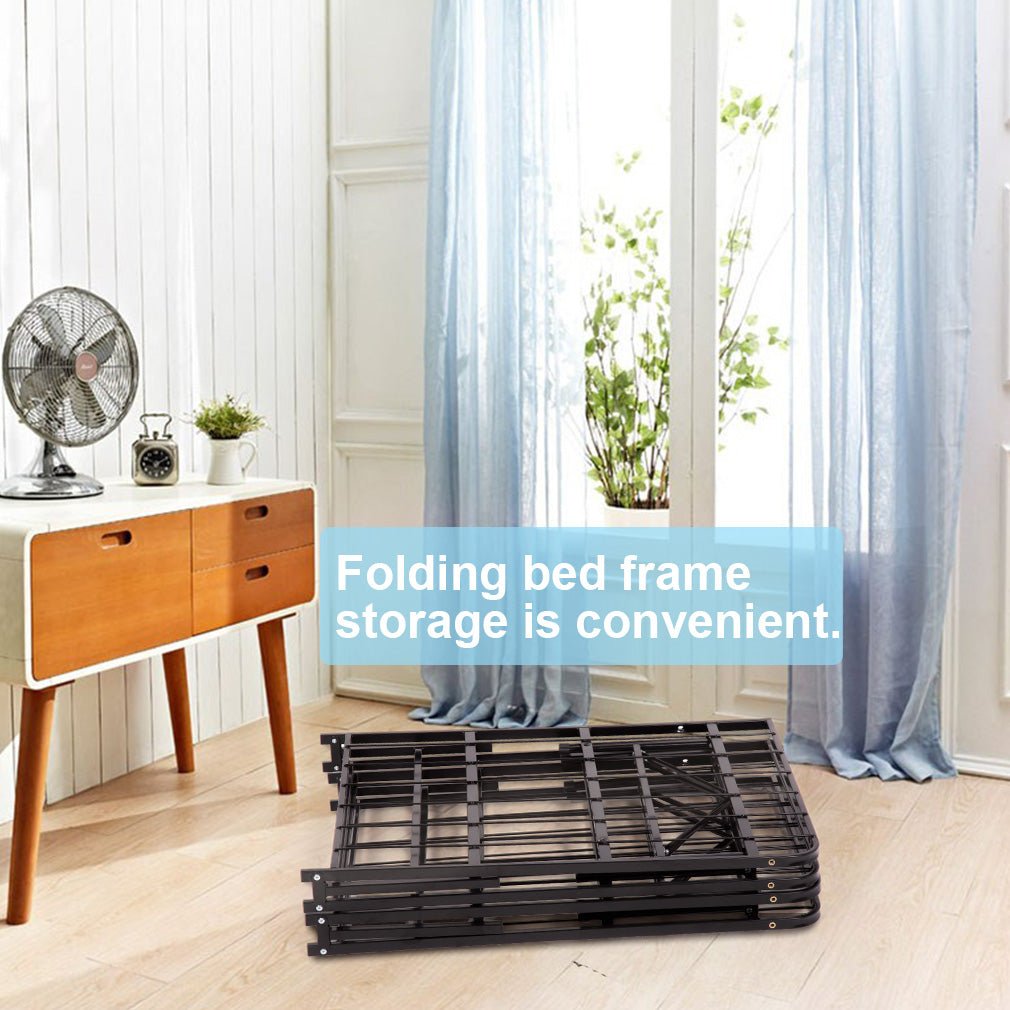Full-size 14 inch bi-folding metal bed frame in modern bedroom