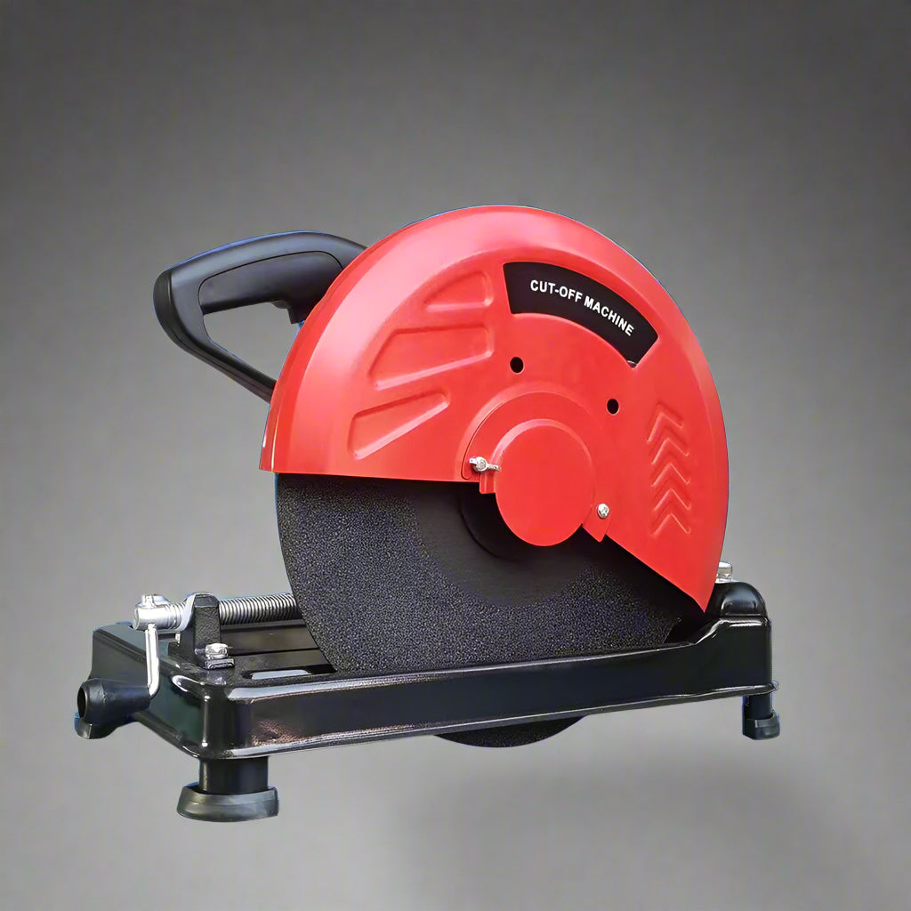 Red and black heavy-duty steel cutting saw with ergonomic handle
