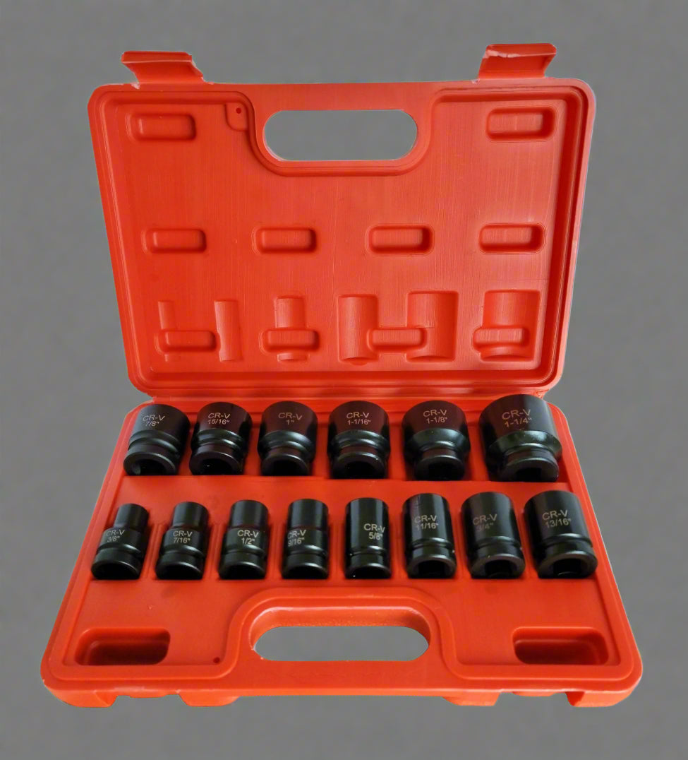 14-Piece SAE Shallow Impact Socket Set in Red Case – Full View

Chrome Vanadium Steel Socket Set – Top View

Close-Up of 1/2” SAE Shallow Sockets in Storage Case