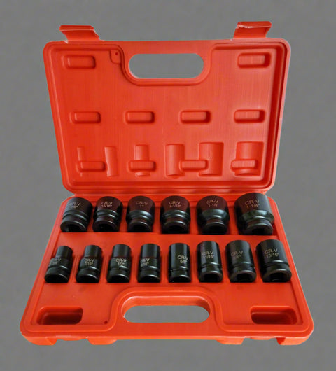 14-Piece SAE Shallow Impact Socket Set in Red Case – Full View

Chrome Vanadium Steel Socket Set – Top View

Close-Up of 1/2” SAE Shallow Sockets in Storage Case