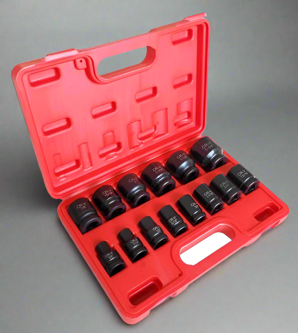 14-Piece SAE Shallow Impact Socket Set in Red Case – Full View

Chrome Vanadium Steel Socket Set – Top View

Close-Up of 1/2” SAE Shallow Sockets in Storage Case