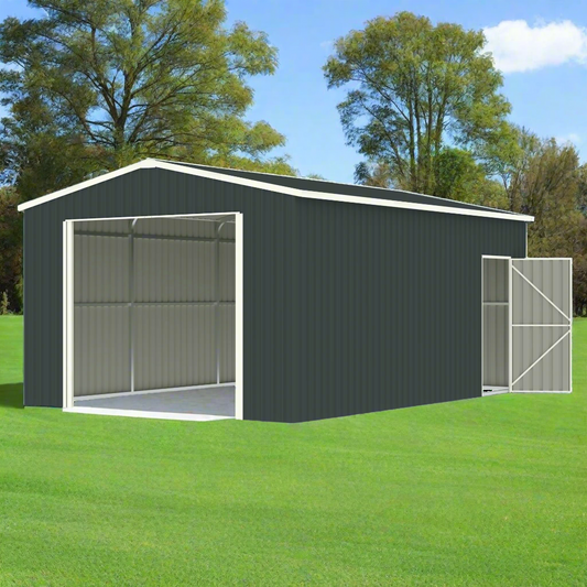 Front view of 14x19 FT metal garage carport

Outdoor metal car shelter with roll-up door

Weatherproof single-vehicle garage structure