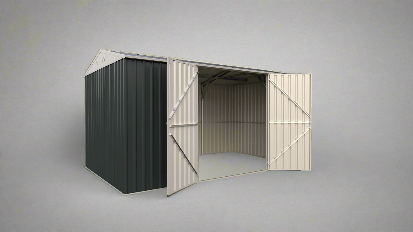 “14x8 ft metal garden shed in dark gray with double doors”

“Interior of steel garage shed with sloped roof and vents”

“White metal shed model – 14 x 8 ft backyard setup”

“Galvanized steel panels and door handles – close-up”