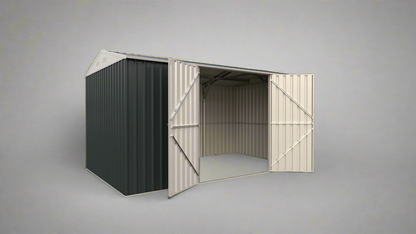 “14x8 ft metal garden shed in dark gray with double doors”

“Interior of steel garage shed with sloped roof and vents”

“White metal shed model – 14 x 8 ft backyard setup”

“Galvanized steel panels and door handles – close-up”