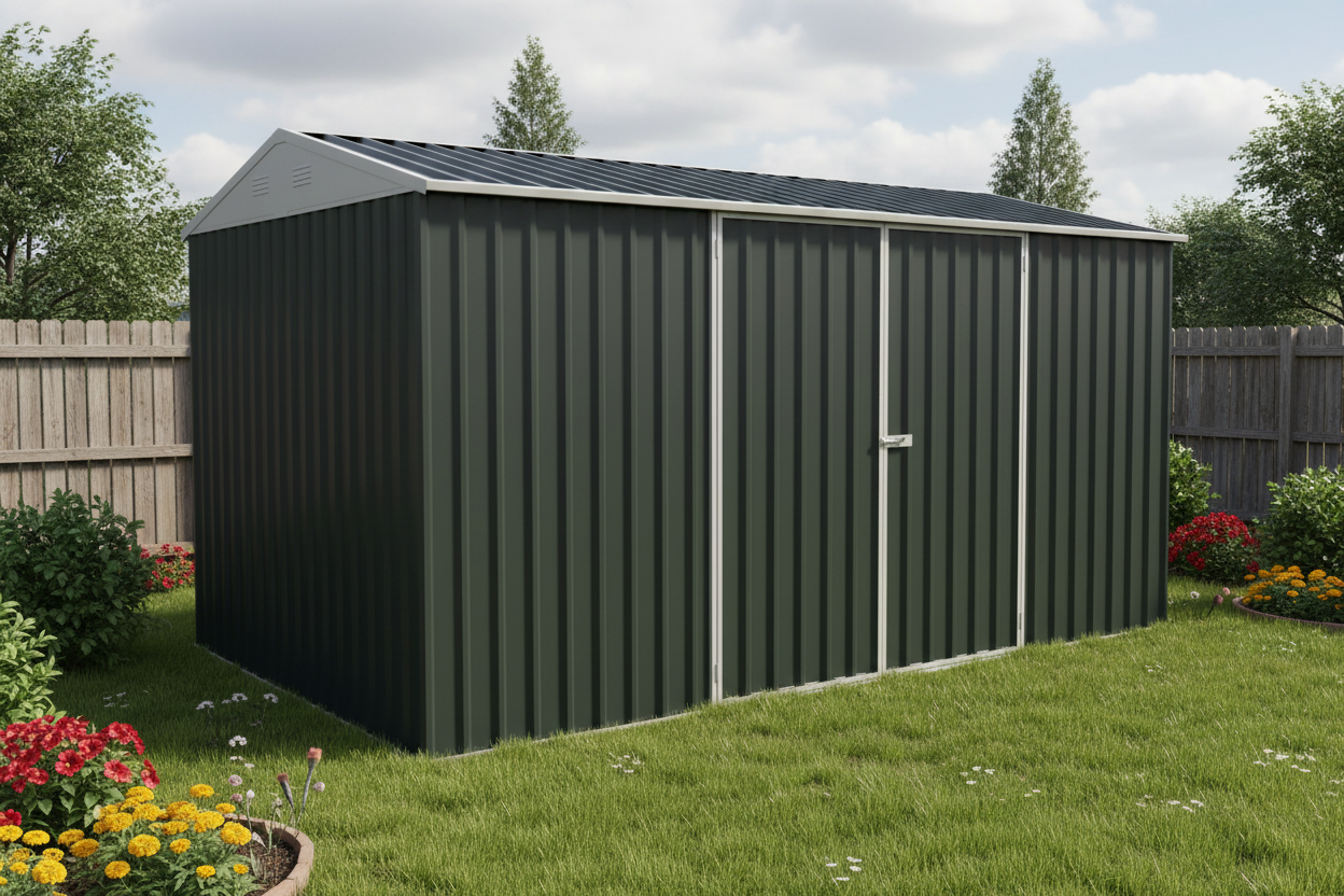 “14x8 ft metal garden shed in dark gray with double doors”

“Interior of steel garage shed with sloped roof and vents”

“White metal shed model – 14 x 8 ft backyard setup”

“Galvanized steel panels and door handles – close-up”