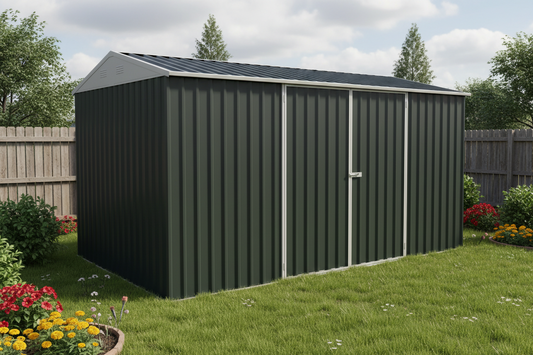“14x8 ft metal garden shed in dark gray with double doors”

“Interior of steel garage shed with sloped roof and vents”

“White metal shed model – 14 x 8 ft backyard setup”

“Galvanized steel panels and door handles – close-up”