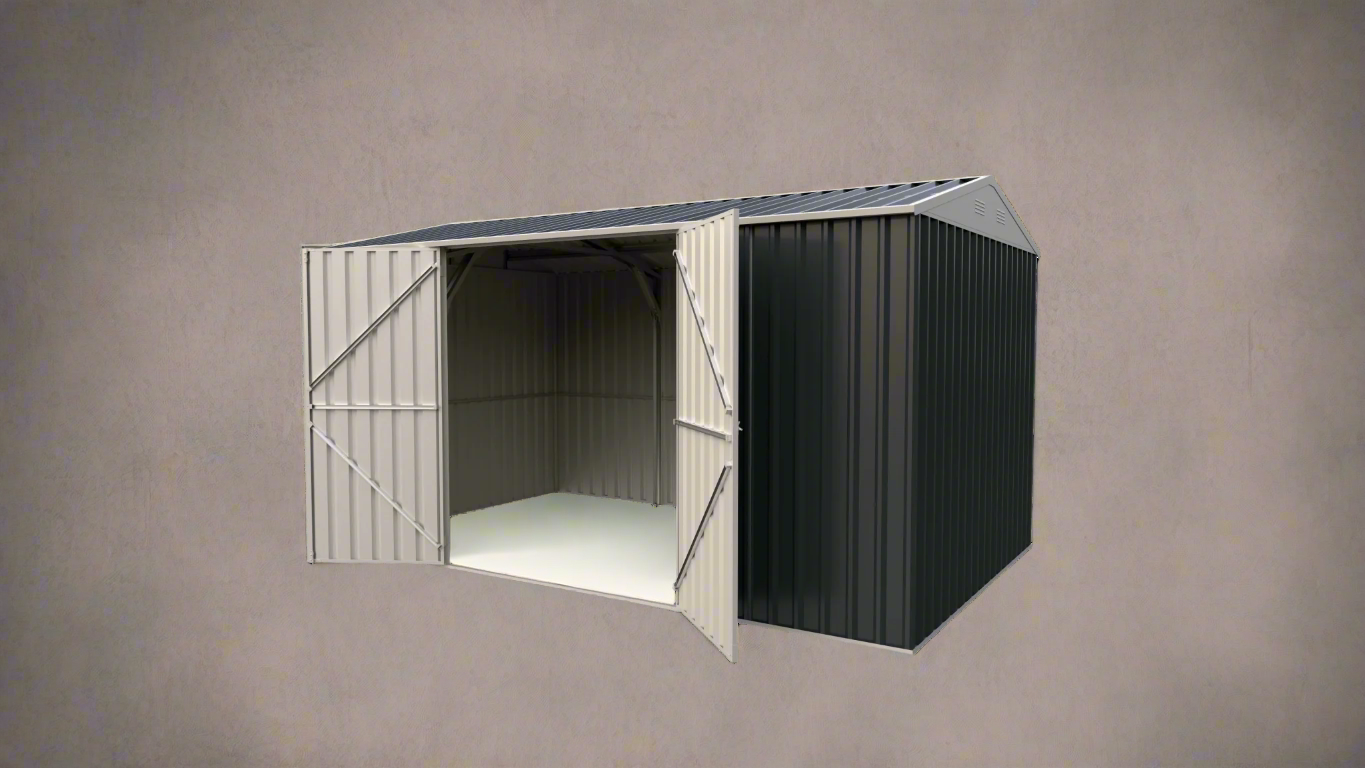 “14x8 ft metal garden shed in dark gray with double doors”

“Interior of steel garage shed with sloped roof and vents”

“White metal shed model – 14 x 8 ft backyard setup”

“Galvanized steel panels and door handles – close-up”