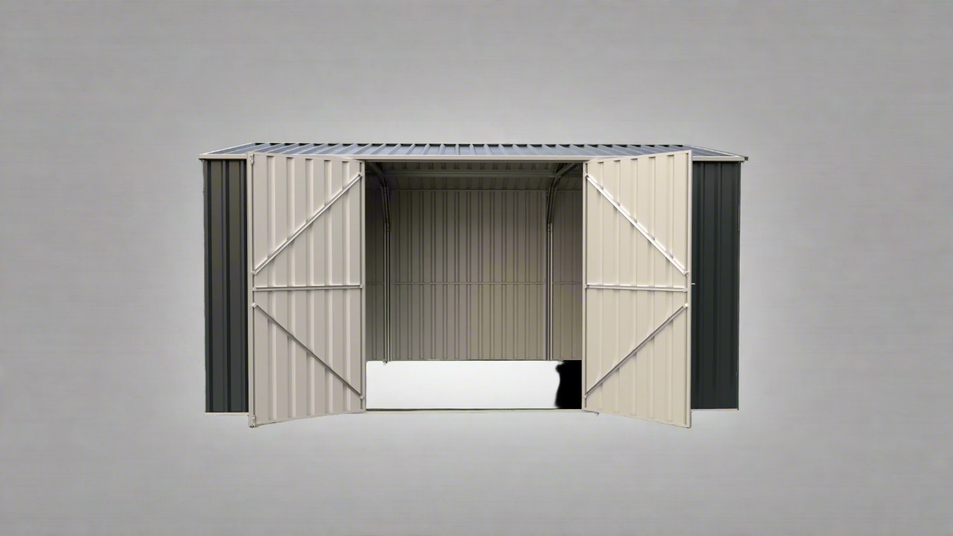 “14x8 ft metal garden shed in dark gray with double doors”

“Interior of steel garage shed with sloped roof and vents”

“White metal shed model – 14 x 8 ft backyard setup”

“Galvanized steel panels and door handles – close-up”