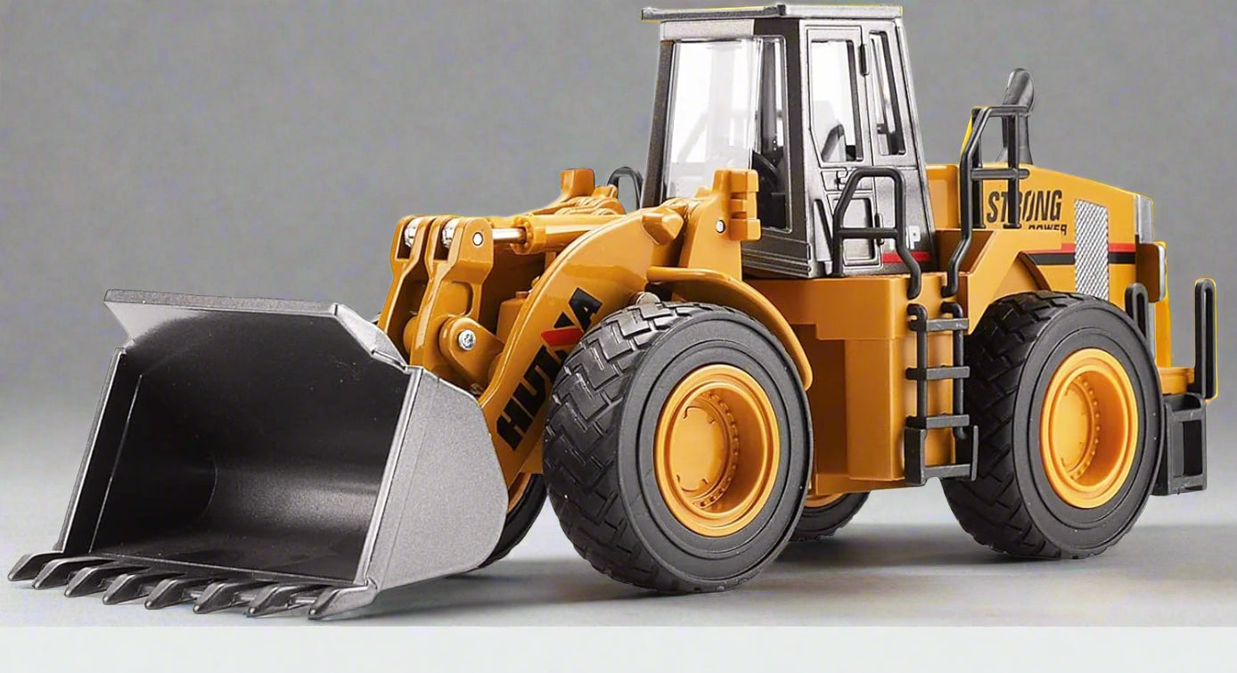 Diecast 1:40 wheel loader toy truck in yellow with metal scoop
Side view of yellow scale construction loader for kids
Push and go diecast toy loader vehicle for boys
Heavy-duty toy loader for construction play