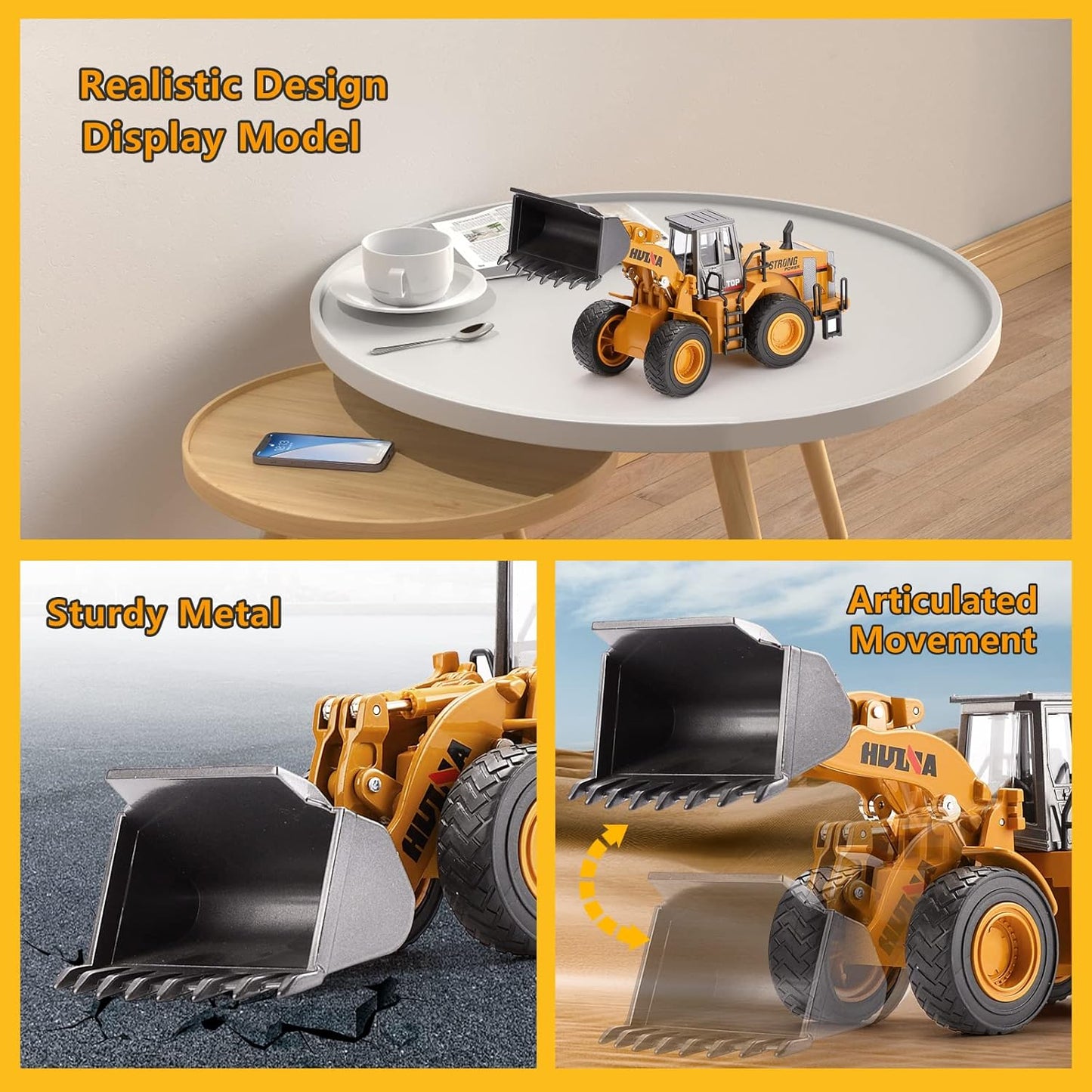 Diecast 1:40 wheel loader toy truck in yellow with metal scoop
Side view of yellow scale construction loader for kids
Push and go diecast toy loader vehicle for boys
Heavy-duty toy loader for construction play