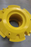 Front view of a 1,400 lb yellow wheel weight for John Deere tractors
Side profile of R167151 cast iron wheel weight
Rear view showing mounting interface for dual wheels