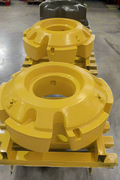 Front view of a 1,400 lb yellow wheel weight for John Deere tractors
Side profile of R167151 cast iron wheel weight
Rear view showing mounting interface for dual wheels