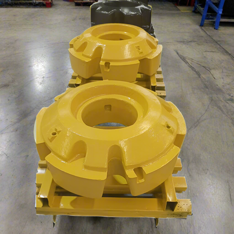 Front view of a 1,400 lb yellow wheel weight for John Deere tractors
Side profile of R167151 cast iron wheel weight
Rear view showing mounting interface for dual wheels
