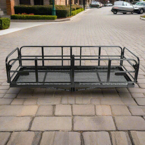Side view of 14.4 inch folding hitch-mounted cargo carrier rack
