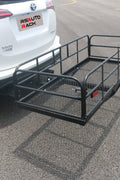 Rear-mounted cargo basket rack folded up for compact storage