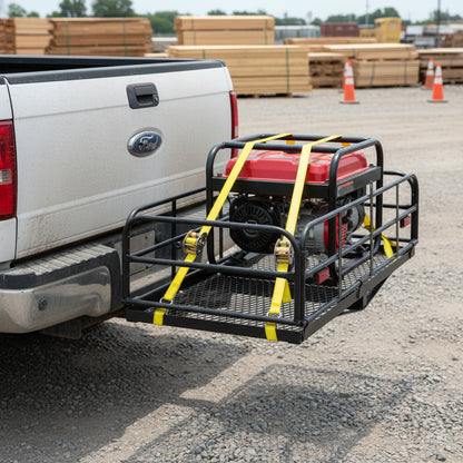 Rear-mounted cargo basket rack folded up for compact storage