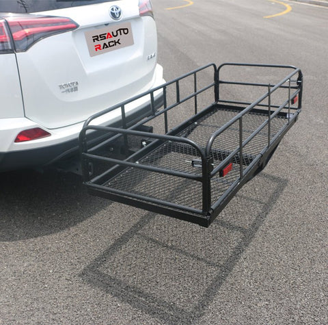 Rear-mounted cargo basket rack folded up for compact storage