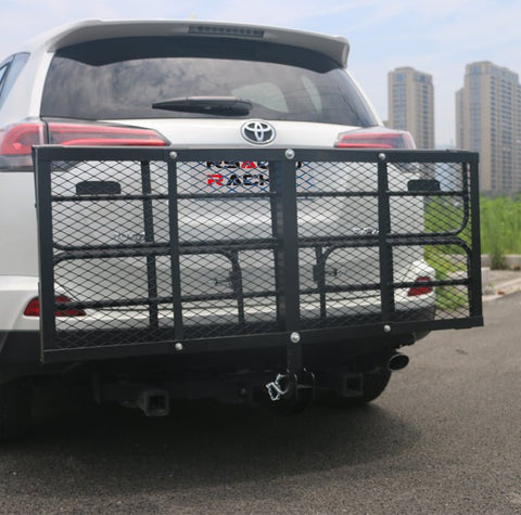 Steel cargo platform rack attached to vehicle rear hitch