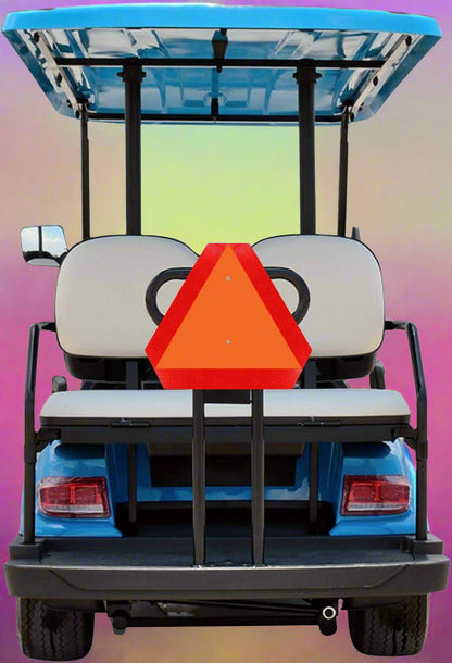 "14x16 Slow Moving Vehicle Sign Reflective Rust-Free Aluminum Triangle"

"Slow moving vehicle sign mounted on a golf cart for visibility"