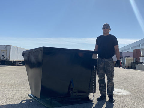 "Standard duty black forklift dump hopper in outdoor warehouse"

"Heavy-duty red tip bin hopper forklift compatible"

"Industrial forklift hopper with automatic bumper release"

"3 cubic yard black steel dump bin"

"Heavy-duty forklift tipping hopper with reinforced frame"