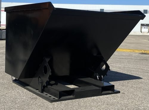 "Standard duty black forklift dump hopper in outdoor warehouse"

"Heavy-duty red tip bin hopper forklift compatible"

"Industrial forklift hopper with automatic bumper release"

"3 cubic yard black steel dump bin"

"Heavy-duty forklift tipping hopper with reinforced frame"