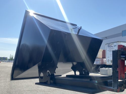 "Standard duty black forklift dump hopper in outdoor warehouse"

"Heavy-duty red tip bin hopper forklift compatible"

"Industrial forklift hopper with automatic bumper release"

"3 cubic yard black steel dump bin"

"Heavy-duty forklift tipping hopper with reinforced frame"